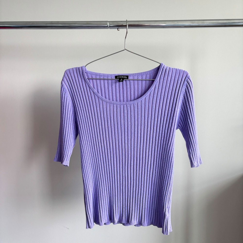 George Ribbed Knit Top M Lilac Purple Short Sleeve 2010s Romantic Office Y2K